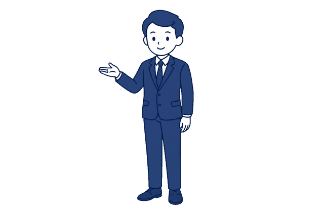 紺色のスーツ姿の男性が、手のひらを上に向けて横方向を指し示しているイラスト。