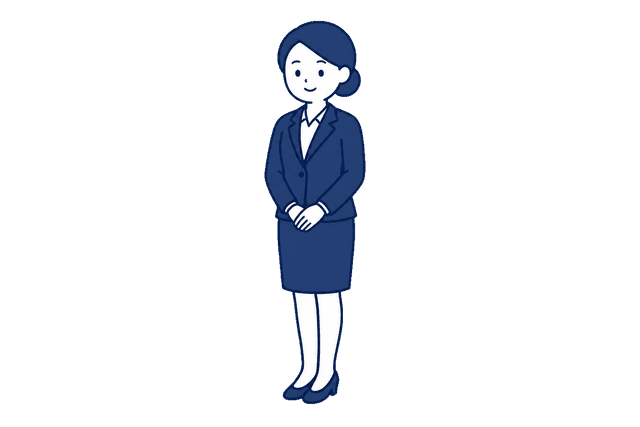 紺色のスカートスーツを着た女性が、両手を前で組んで穏やかに立っているイラスト。