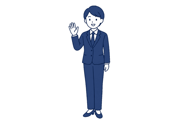 紺色のスーツ姿の男性が、片手を上げて笑顔で手を振っているイラスト。