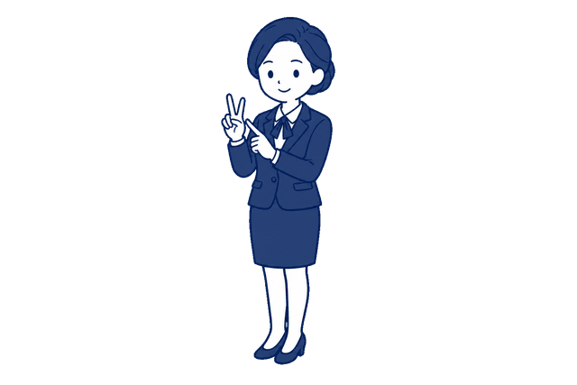 紺色のスカートスーツにリボンタイを合わせた女性が、指を折って数を数えているイラスト。