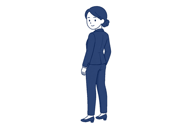 紺色のパンツスーツを着た女性が後ろ姿で立ち、肩越しに振り返ってこちらを見ているイラスト。