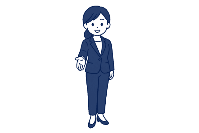 紺色のパンツスーツを着た女性が、笑顔で片手を前に差し出して握手を求めているイラスト。