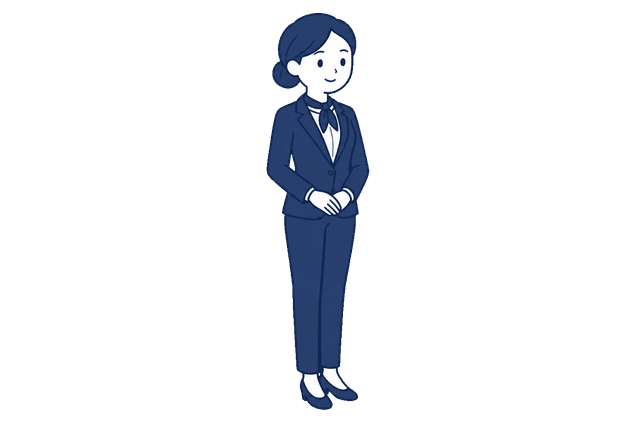 紺色のスーツにスカーフを合わせた女性が、体を斜めに向けて両手を前で重ねて立っているイラスト。