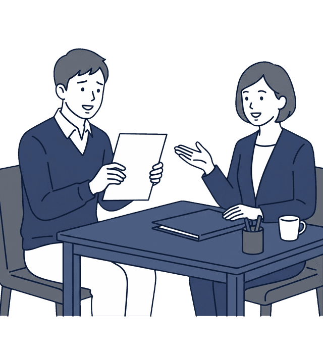 新築マイホームを購入した若い男性が住宅ローン控除の申告書を手に税理士に初めての確定申告について相談しているイラスト