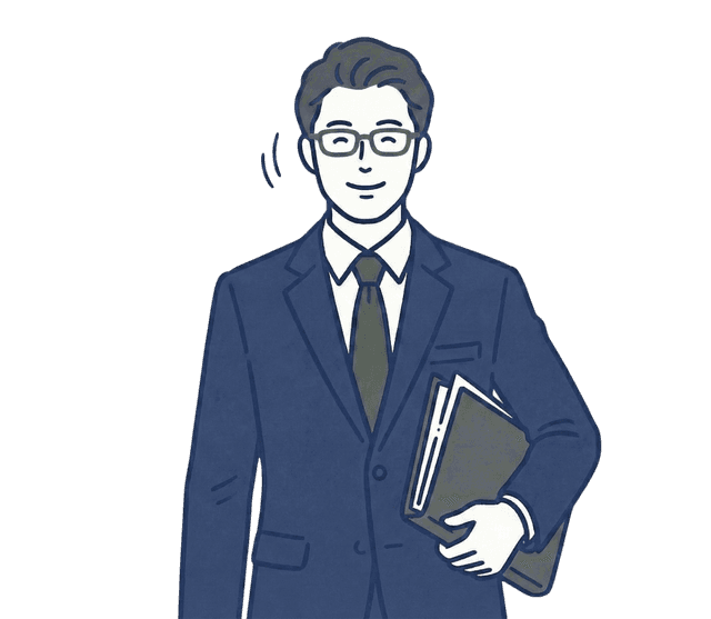 眼鏡をかけた紺色のスーツの男性が黒いバインダーを脇に抱え、斜めを向いて笑顔で頷いているイラスト。