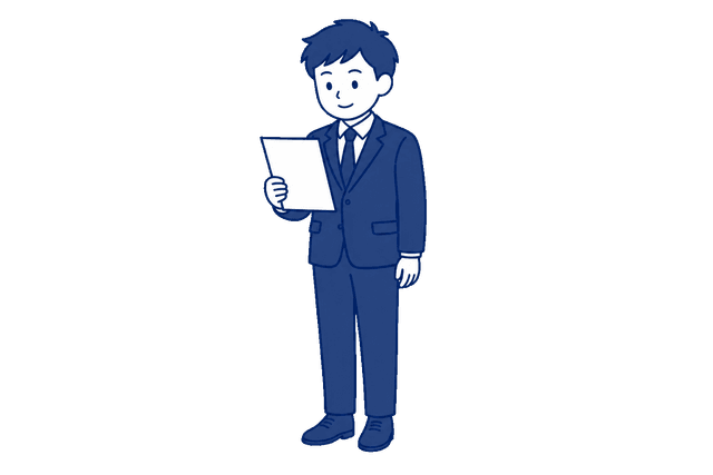 紺色のスーツ姿の男性が、片手に持った書類に目を通しているイラスト。