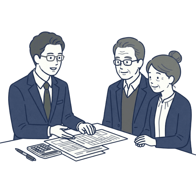 眼鏡をかけた紺色のスーツの税理士がテーブルの書類をペンで指し、向かいに座る高齢夫婦に説明しているイラスト。テーブルには電卓も置かれている。