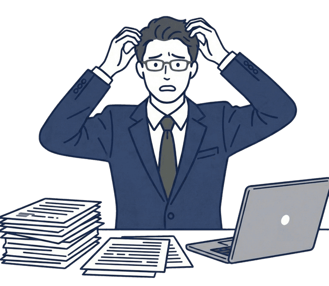 眼鏡をかけた紺色のスーツの男性がデスクで両手を頭に当てて困惑した表情を浮かべ、机の上には書類の山とノートパソコンが置かれているイラスト。