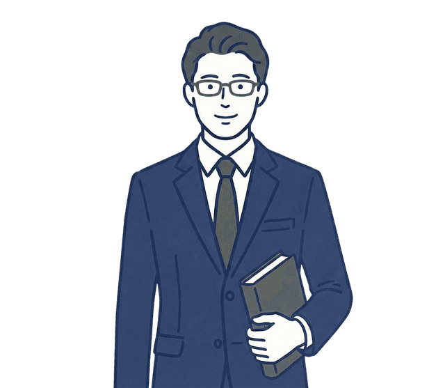 眼鏡をかけた紺色のスーツの税理士が黒い本を左脇に抱え、正面を向いて穏やかに微笑んでいるバストアップのイラスト。