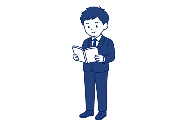 紺色のスーツ姿の男性が、両手で開いた本を読んでいるイラスト。
