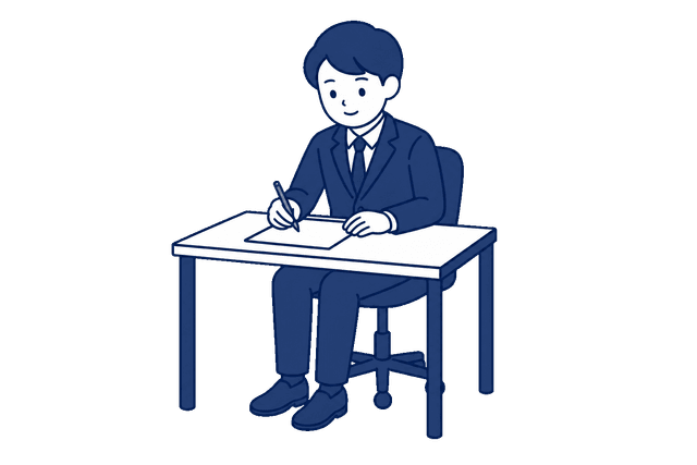 紺色のスーツ姿の男性が、机に向かって椅子に座り、ペンで書類に記入しているイラスト。