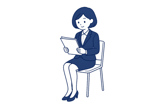 ボブヘアで紺色のスカートスーツの女性が、椅子に座って両手で持った書類に目を通しているイラスト。