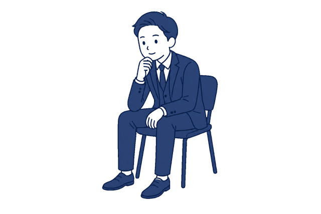 紺色のスリーピーススーツの男性が、椅子に座って顎に手を当てて考え込んでいるイラスト。