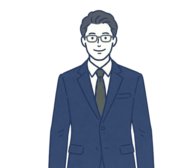 眼鏡をかけた短髪の男性が紺色のスーツに白シャツと暗めのネクタイ姿で正面を向き、軽く微笑んでいるバストアップのイラスト。