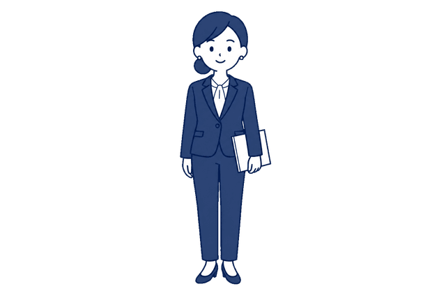 紺色のパンツスーツを着た女性が、片手に書類を抱えて正面を向いて立っているイラスト。