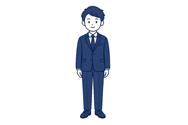 紺色のスーツとネクタイ姿の男性が、両手を体の横に下ろして正面を向いて立っているイラスト。