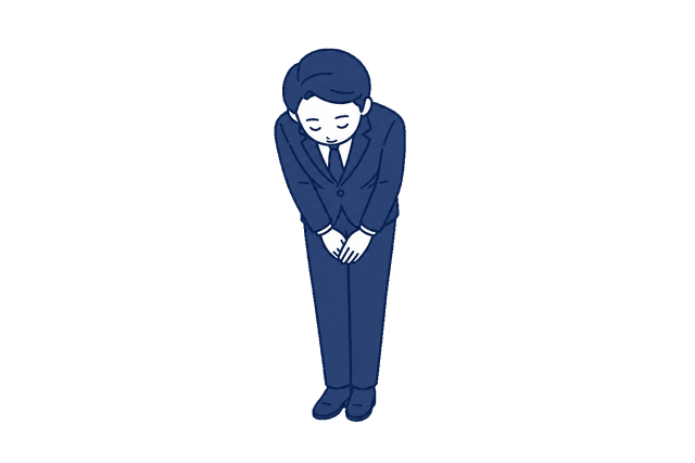 紺色のスーツ姿の男性が、両手を前で揃えて腰から深く頭を下げているイラスト。
