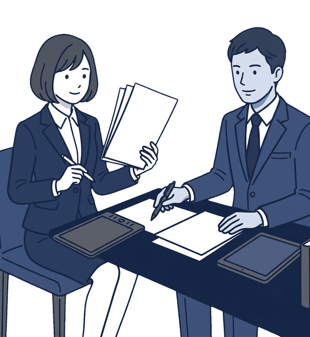 漫画家として独立した若い女性が原稿用紙とペンタブレットを手に原稿料と印税の確定申告について税理士に相談しているイラスト