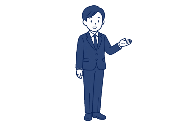 紺色のスーツ姿の男性が、片手を横に差し出して「こちらへどうぞ」と案内しているイラスト。