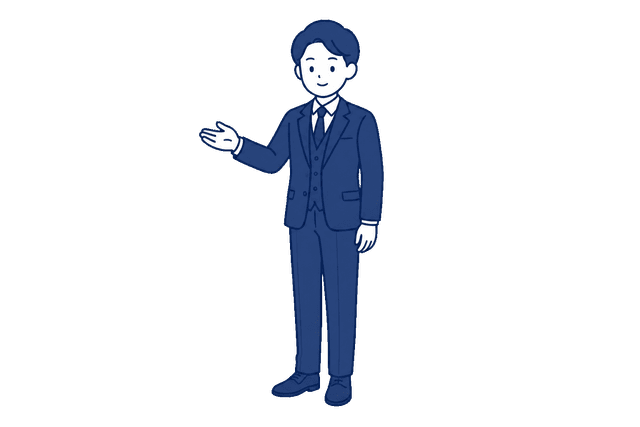 紺色のスリーピーススーツを着た男性が、片手を横に差し出して案内しているイラスト。