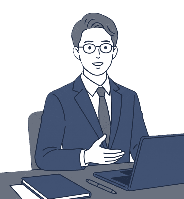 男性がパソコンを使ってオンラインで税理士に相談しているイラスト