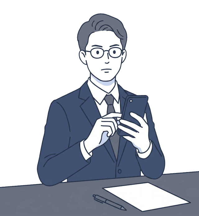 男性がスマートフォンを使って法律情報を検索しているイラスト