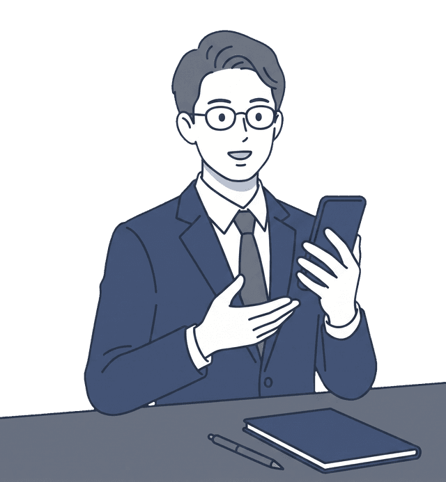 男性がスマートフォンを使ってAIチャットボットに税金について相談しているイラスト