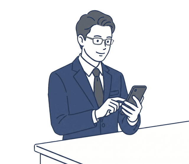 スーツの男性がスマートフォンを手に、画面を確認しているイラスト。