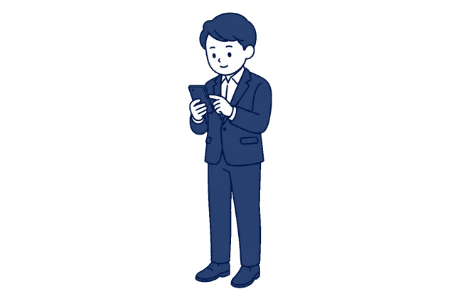紺色のスーツ姿の男性が、スマートフォンの画面を操作して確認しているイラスト。