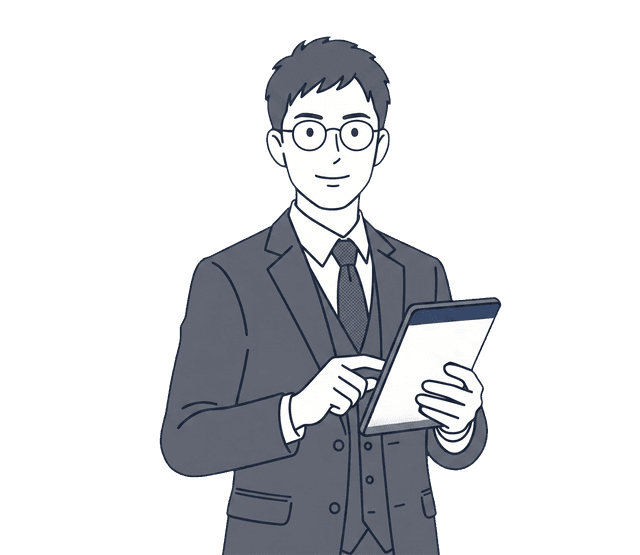 スーツの男性がスマートフォンで専門家にチャットメッセージを送っているイラスト。