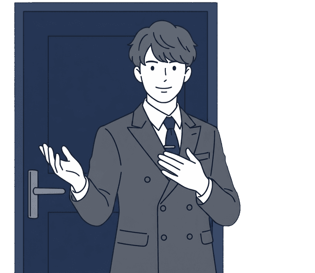 スーツの男性がドアを開け、事務所に入ってくるイラスト。