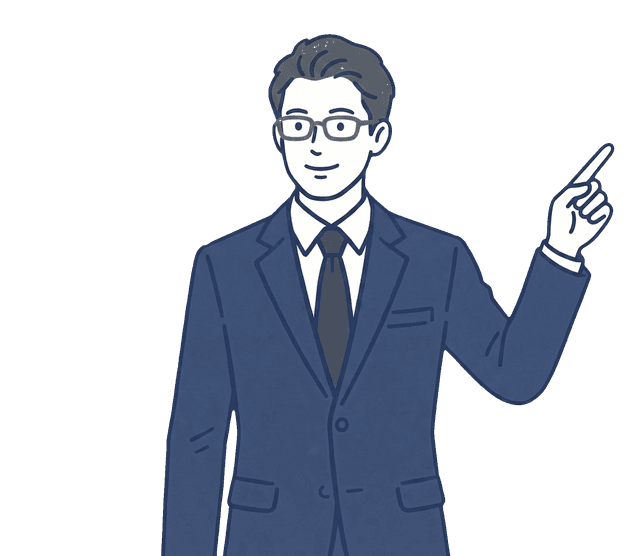 スーツの男性がスクリーンを指差しながらプレゼンテーションしているイラスト。