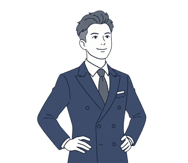 スーツの男性が前を向いてしっかりと立ち、明るい未来を見据えているイラスト。