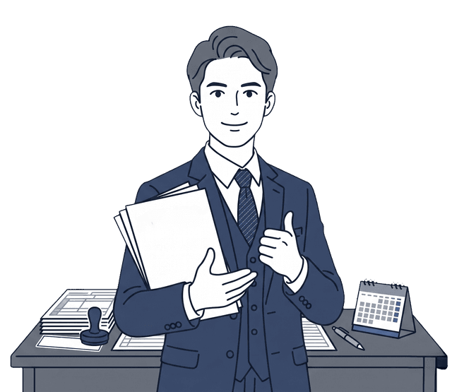 男性が確定申告を終え、清々しい表情で書類を手にしているイラスト。