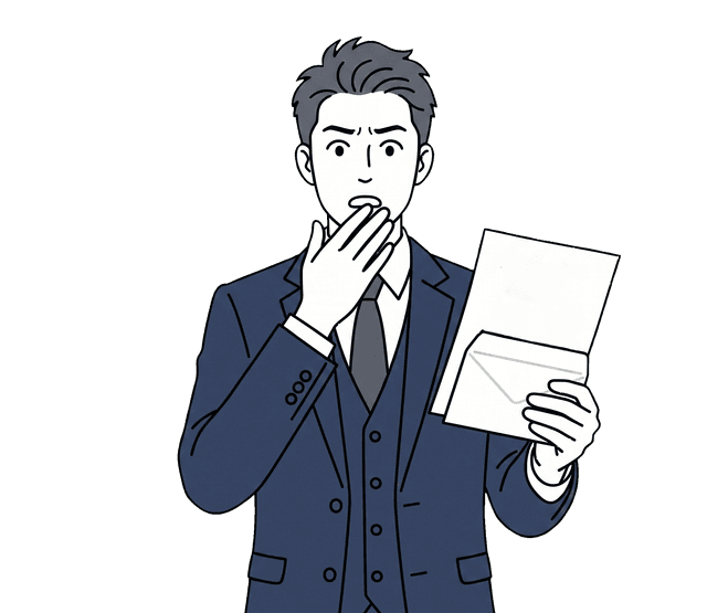 男性が税務調査の通知書を見て、驚いた表情を浮かべているイラスト。