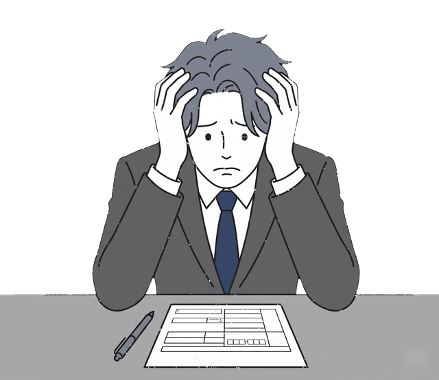 男性が税金の申告書を前に、頭を抱えて困った表情をしているイラスト。