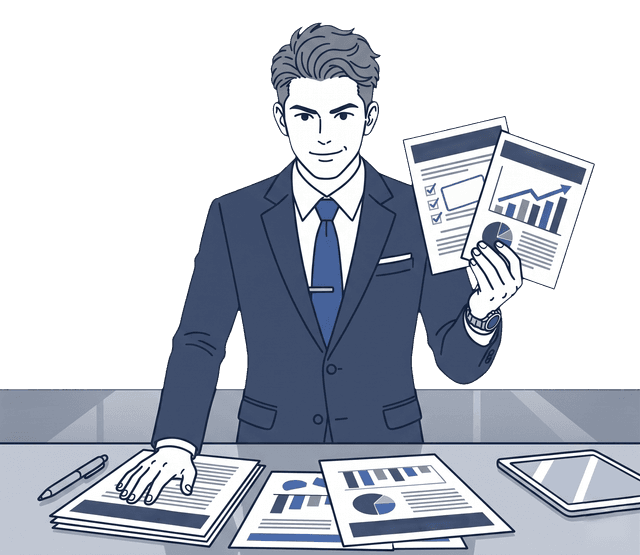 スーツ姿の男性経営者が問題を解決し、自信に満ちた表情で力強く立っているイラスト。