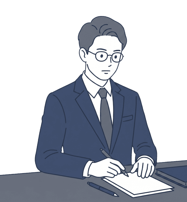男性経営者が書類を前に経営改善について考えているイラスト