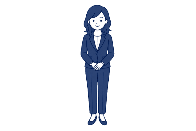 ロングヘアで紺色のパンツスーツを着た女性が、両手を前で重ねて笑顔で立っているイラスト。