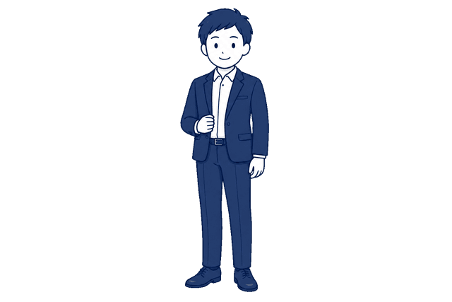 紺色のスーツを着た男性が、ジャケットのボタンに手をかけて笑顔で立っているイラスト。