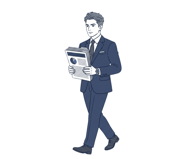 スーツの経営者が決算書を脇に抱え、士業の先生のもとへ向かって歩いているイラスト。