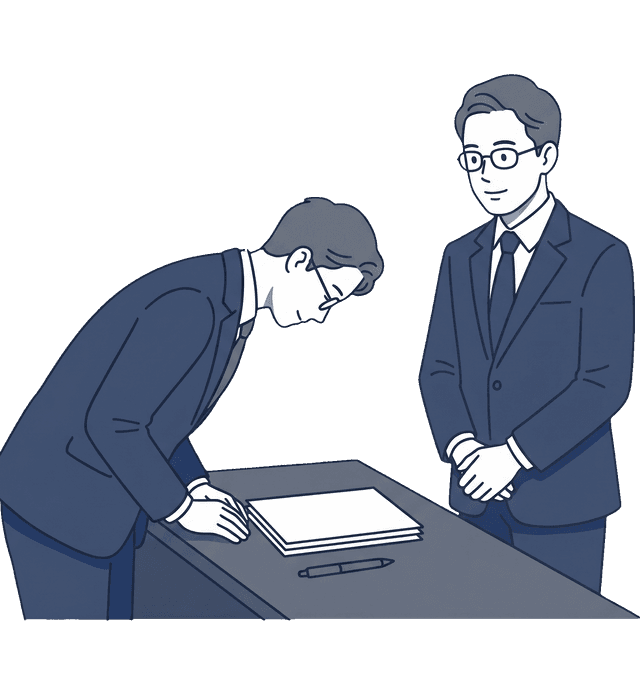 男性経営者が税理士の先生に向かって感謝の気持ちで頭を下げているイラスト