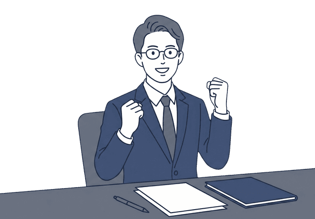 男性経営者が良い結果を受け取って嬉しそうに喜んでいるイラスト