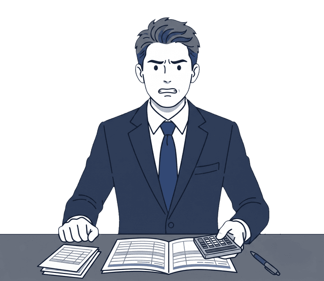 スーツの男性経営者が資金繰り資料を前に、頭を抱えて悩んでいるイラスト。