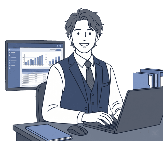 紺色のスーツの女性経理担当者が会計ソフトで笑顔で作業しているイラスト。