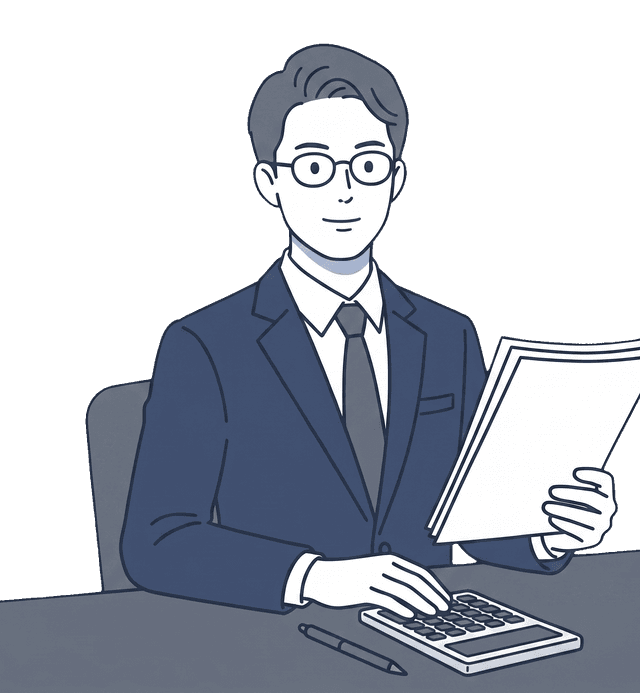 経理担当者が書類と電卓を使いながら数字を確認しているイラスト