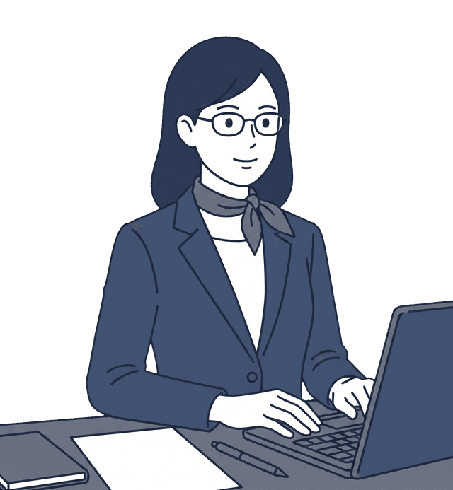 経理担当の女性がパソコンで国税庁のウェブサイトを確認しているイラスト