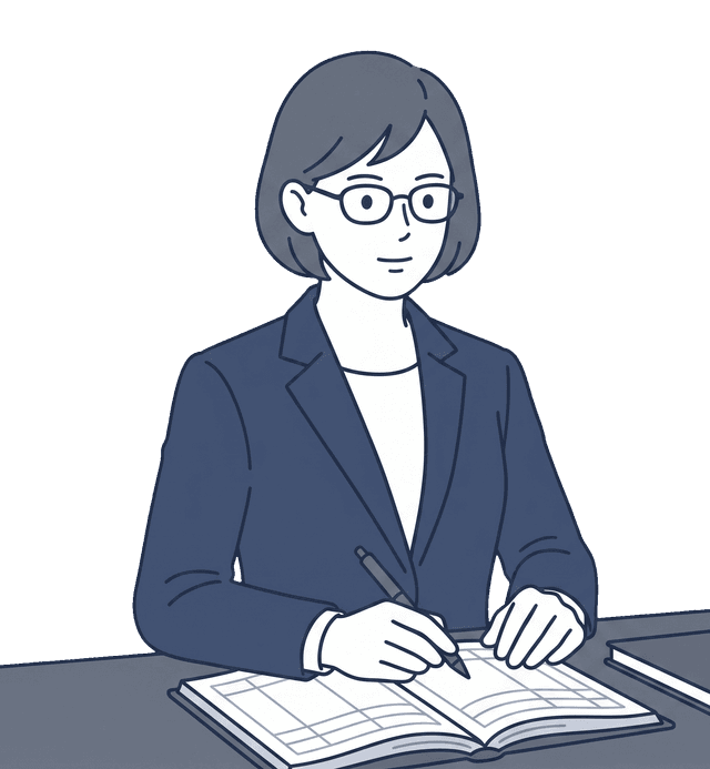 経理担当の女性がデスクで帳簿をつけているイラスト