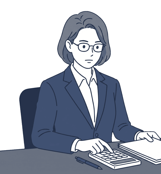 経理担当の女性がパソコンと書類を確認しながら支払い処理をしているイラスト