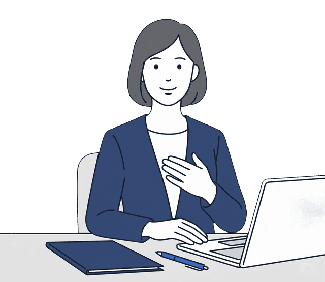 紺色のスーツの女性経理担当者がパソコンで税理士の先生宛にメールを送っているイラスト。